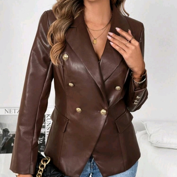 Women's PU Leather Single-Breasted Lapel Blazer - Picture 5 of 7